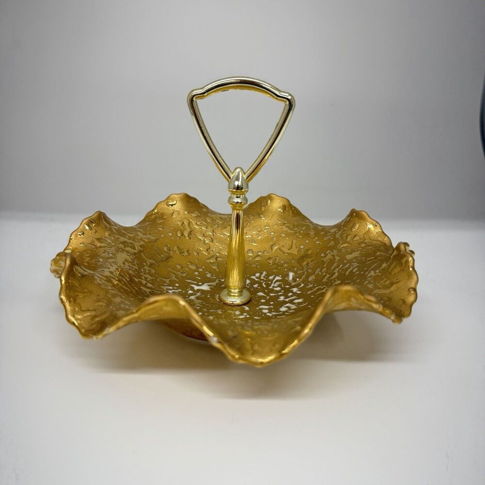 Vtg 1971 Handmade Textured Gold Ceramic Tidbit Tray Dish MCM Signed Mary